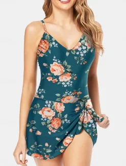 Women's Swimwear One Piece Monokini Swim Dress Swimsuit Backless Tummy Control High Waist Slim Vacation Beach Wear Floral Halter Neck Sleeveless Bathing Suits