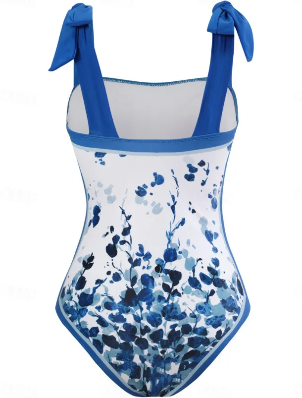 Women's Swimwear One Piece 2 Piece Swimsuit Backless Tummy Control High Waist Slim Vacation Beach Wear Floral Sleeveless Bathing Suits