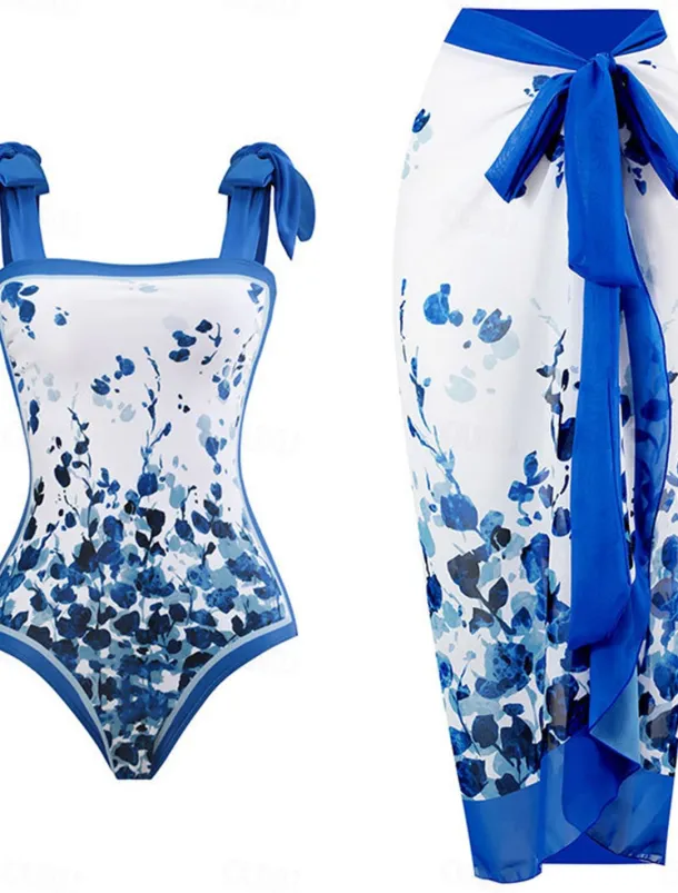 Women's Swimwear One Piece 2 Piece Swimsuit Backless Tummy Control High Waist Slim Vacation Beach Wear Floral Sleeveless Bathing Suits