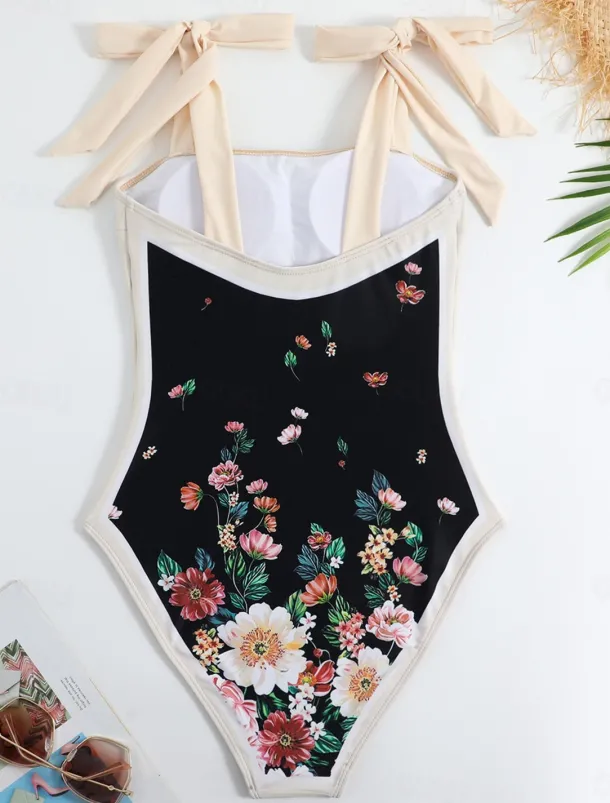 Women's Swimwear One Piece 2 Piece Swimsuit Backless Tummy Control High Waist Slim Vacation Beach Wear Floral Sleeveless Bathing Suits
