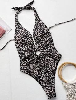 Women's Swimwear One Piece Monokini Swimsuit Backless Tummy Control High Waist Slim Vacation Beach Wear Leopard Halter Neck Sleeveless Bathing Suits