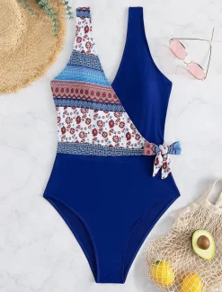 Women's Swimwear One Piece Monokini Swimsuit Backless Tummy Control High Waist Slim Vacation Beach Wear Floral V Neck Sleeveless Bathing Suits