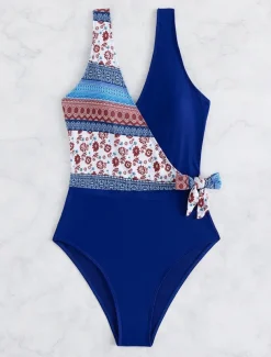 Women's Swimwear One Piece Monokini Swimsuit Backless Tummy Control High Waist Slim Vacation Beach Wear Floral V Neck Sleeveless Bathing Suits