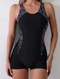 Women's Swimwear One Piece Monokini Swimsuit Backless Tummy Control High Waist Slim Vacation Beach Wear Graphic U Neck Sleeveless Bathing Suits