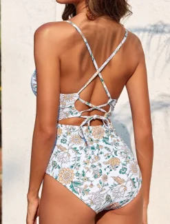 Women's Swimwear One Piece 2 Piece Monokini wrap Swimsuit Backless Tummy Control High Waist Slim Vacation Beach Wear Floral V Neck Sleeveless Bathing Suits