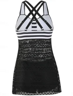 Women's Swimwear Swimdresses 2 Piece Tankini Swimsuit Backless High Waist Vacation Beach Wear Stripe Halter Neck Sleeveless Bathing Suits