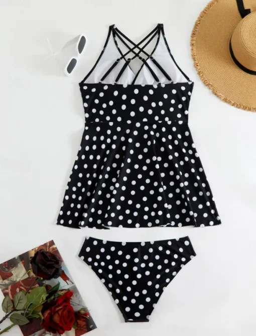 Women's Swimwear Swimdresses 2 Piece Cheeky Tankini Swimsuit Backless High Waist Vacation Beach Wear Polka Dot V Neck Sleeveless Bathing Suits