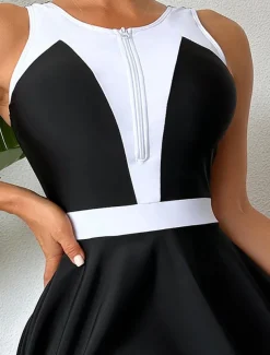 Women's Swimwear Swimdresses One Piece Tankini Swimsuit Tummy Control High Waist Slim Vacation Beach Wear Color Block Round Neck Sleeveless Bathing Suits
