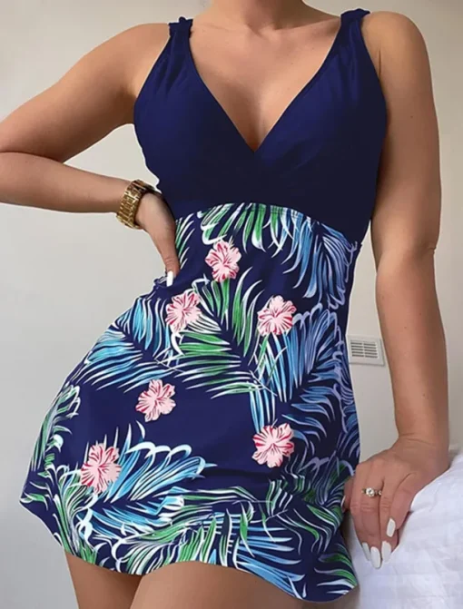Women's Swimwear Swimdresses Tummy Control Tankini Swimsuit Backless Tummy Control High Waist Slim Vacation Beach Wear Graphic V Neck Sleeveless Bathing Suits