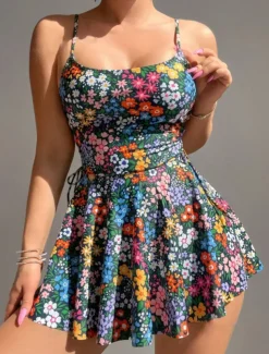 Women's Swimwear Swimdresses Tankini Tummy Control Swimsuit Backless High Waist Slim Vacation Beach Wear Floral Graphic V Neck Sleeveless Bathing Suits