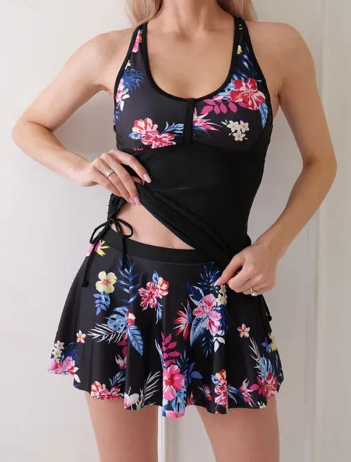 Women's Swimwear Swimdresses 2 Piece Tankini Skirt Swimsuit Backless Criss Cross Tummy Control High Waist Slim Vacation Beach Wear Floral U Neck Sleeveless Bathing Suits