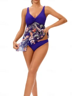 Women's Swimwear Swimdresses 2 Piece Cheeky Tankini Swimsuit Backless High Waist Vacation Beach Wear Floral Leaves V Neck Sleeveless Bathing Suits