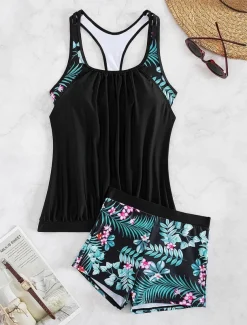 Women's Swimwear Tankini 2 Piece Shorts Swimsuit Backless Tummy Control High Waist Slim Vacation Beach Wear Floral Graphic U Neck Sleeveless Bathing Suits