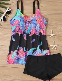 Women's Swimwear Tankini 2 Piece Boy Leg Swimsuit Backless High Waist Vacation Beach Wear Paisley V Neck Sleeveless Bathing Suits