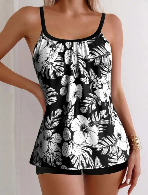 Women's Swimwear Tankini 2 Piece Boy Leg Swimsuit Backless High Waist Vacation Beach Wear Floral Leaves Round Neck Sleeveless Bathing Suits