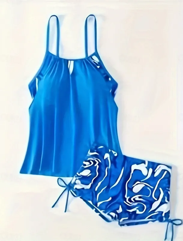 Women's Swimwear Tankini 2 Piece Boy Leg Swimsuit Backless High Waist Vacation Beach Wear Color Block Round Neck Sleeveless Bathing Suits