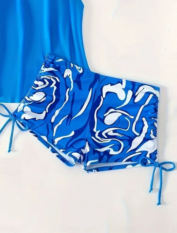 Women's Swimwear Tankini 2 Piece Boy Leg Swimsuit Backless High Waist Vacation Beach Wear Color Block Round Neck Sleeveless Bathing Suits