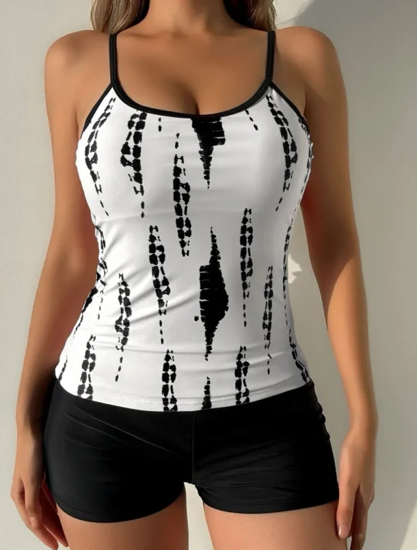 Women's Swimwear Tankini 2 Piece Boy Leg Swimsuit Backless High Waist Vacation Beach Wear Graphic Round Neck Sleeveless Bathing Suits