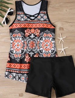 Women's Swimwear Tankini 2 Piece Boy Leg Swimsuit Backless High Waist Vacation Beach Wear Floral V Neck Sleeveless Bathing Suits