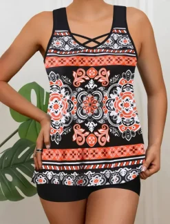 Women's Swimwear Tankini 2 Piece Boy Leg Swimsuit Backless High Waist Vacation Beach Wear Floral V Neck Sleeveless Bathing Suits