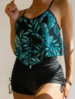Women's Swimwear Tankini 2 Piece Boy Leg Swimsuit Backless High Waist Vacation Beach Wear Floral V Neck Sleeveless Bathing Suits