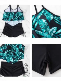 Women's Swimwear Tankini 2 Piece Boy Leg Swimsuit Backless High Waist Vacation Beach Wear Floral V Neck Sleeveless Bathing Suits