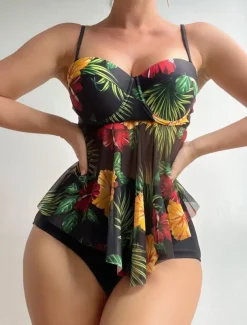 Women's Swimwear Tankini 2 Piece Cheeky Swimsuit Backless High Waist Vacation Beach Wear Floral V Neck Sleeveless Bathing Suits