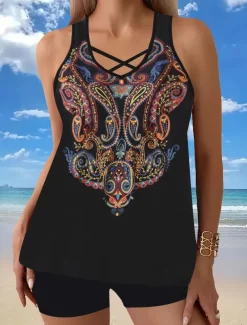Women's Swimwear Tankini Swimsuit Vacation Tropical Paisley Strapless Bathing Suits
