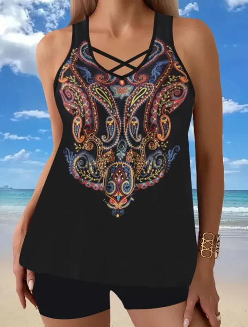 Women's Swimwear Tankini Swimsuit Vacation Tropical Paisley Strapless Bathing Suits