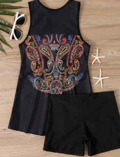 Women's Swimwear Tankini Swimsuit Vacation Tropical Paisley Strapless Bathing Suits
