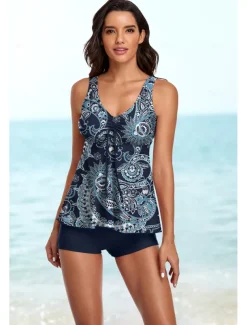 Women's Swimwear Tankini Swimsuit Retro Tropical Sleeveless Bathing Suits