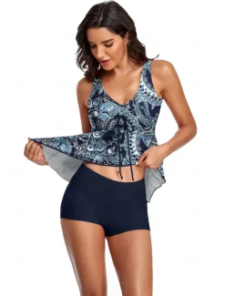 Women's Swimwear Tankini Swimsuit Retro Tropical Sleeveless Bathing Suits