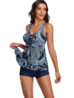 Women's Swimwear Tankini Swimsuit Retro Tropical Sleeveless Bathing Suits