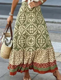 Women's Swing Long Skirt Bohemia Maxi Skirts Ruffle Print Graphic Street Vacation Spring & Summer Fashion coastal grandma style Boho Black Light Green Blue Purple