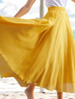 Women's Swing Long Skirt Casual Summer Maxi High Waist Skirts Solid Colored Layered Long Holiday Casual Daily Peacock Blue Blue Ginger Orange Spring & Summer Linen Cotton Blend