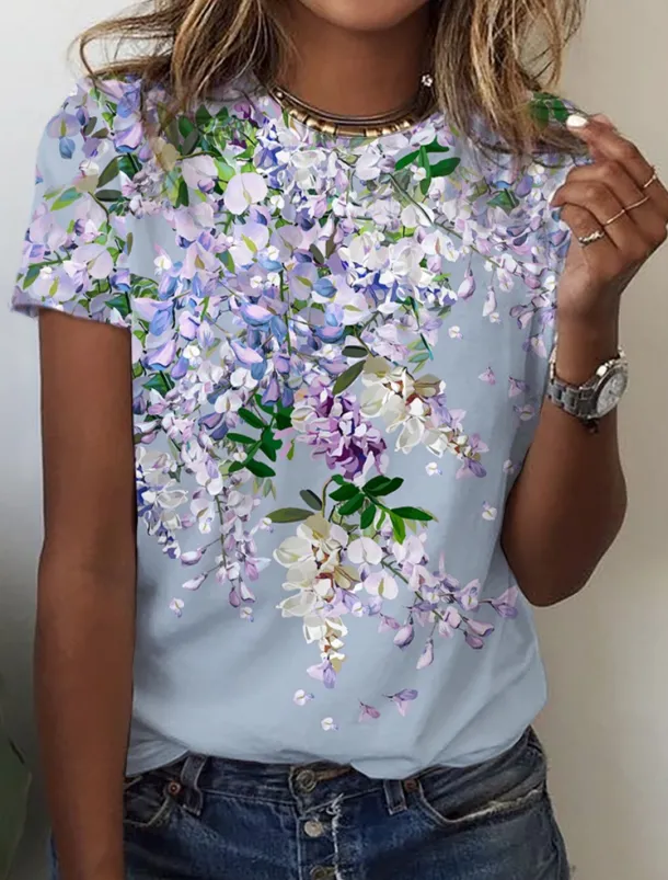 Women's T Shirt Basic Floral Print Short Sleeve Regular Tops Round Neck Holiday Weekend Pink Blue Green