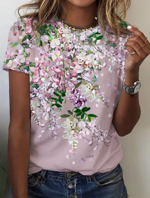 Women's T Shirt Basic Floral Print Short Sleeve Regular Tops Round Neck Holiday Weekend Pink Blue Green