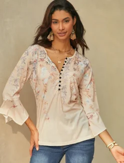 Women's T Shirt Basic Floral Buttons Print 3/4 Length Sleeve Regular Tops Round Neck Holiday Yellow Blue