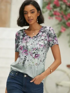 Women's T Shirt Basic Floral Print Short Sleeve Regular Tops V Neck Holiday Weekend Pink Blue Green