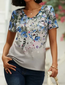 Women's T Shirt Basic Floral Print Short Sleeve Regular Tops V Neck Holiday Weekend Pink Blue Green