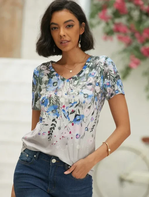 Women's T Shirt Basic Floral Print Short Sleeve Regular Tops V Neck Holiday Weekend Pink Blue Green