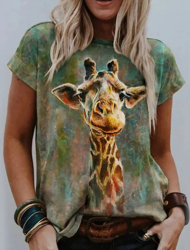 Women's T Shirt Basic Giraffe Print Short Sleeve Regular Tops Round Neck Daily Weekend Green