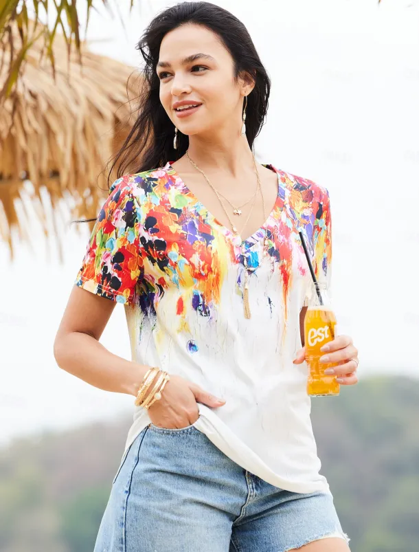 Women's T Shirt Basic Print Short Sleeve Regular Tops V Neck Daily Weekend Yellow Light Green Red Green