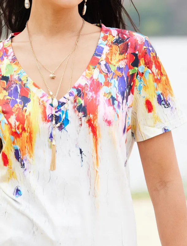 Women's T Shirt Basic Print Short Sleeve Regular Tops V Neck Daily Weekend Yellow Light Green Red Green