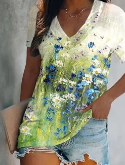 Women's T Shirt Basic Print Short Sleeve Regular Tops V Neck Daily Weekend Yellow Light Green Red Green