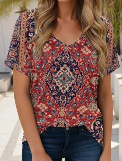 Women's T Shirt Boho Blouse Graphic Geometric Paisley Bohemia Vintage Casual Short Sleeve V Neck Regular Tops Daily Weekend Beach Wear Print Red Blue Orange Summer