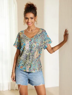 Women's T Shirt Boho Blouse Paisley Print V-Neck Short Sleeve Casual Loose Fit Multicolor Lightweight Summer Top