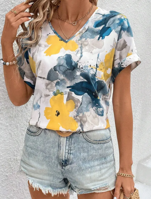 Women's T Shirt Boho Blouse Paisley Print V-Neck Short Sleeve Casual Loose Fit Multicolor Lightweight Summer Top