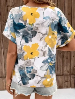 Women's T Shirt Boho Blouse Paisley Print V-Neck Short Sleeve Casual Loose Fit Multicolor Lightweight Summer Top