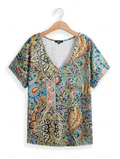 Women's T Shirt Boho Blouse Paisley Print V-Neck Short Sleeve Casual Loose Fit Multicolor Lightweight Summer Top